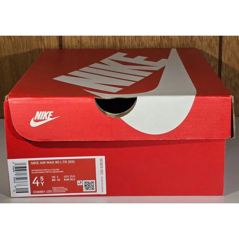 SHOEBOX ONLY - Nike Air Max 90 LTR GS White Metallic Silver Size 4Y CD6864-100